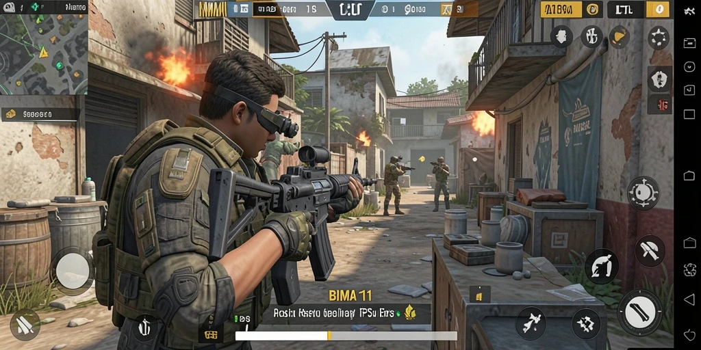 Screenshot gameplay BIMA11 yang memperlihatkan aksi tembak-menembak seru.