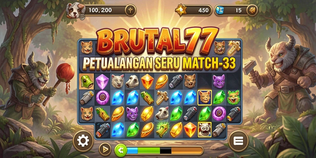 Tampilan gameplay BRUTAL77 dengan kombinasi permata Match-3.