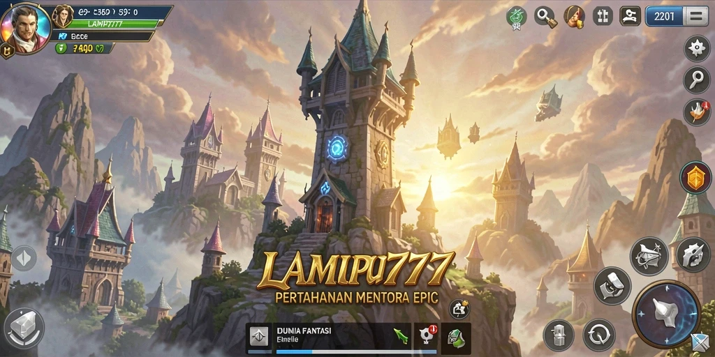 Screenshot gameplay LAMPU777 menampilkan pertahanan menara yang strategis dan serangan musuh yang intens.