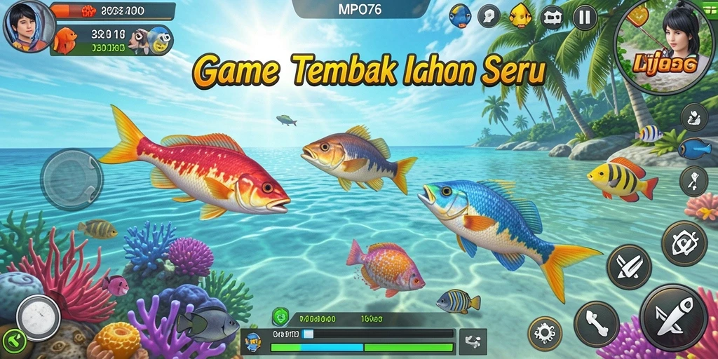 Screenshot gameplay MPO76 menunjukkan aksi seru menembak ikan di bawah laut.