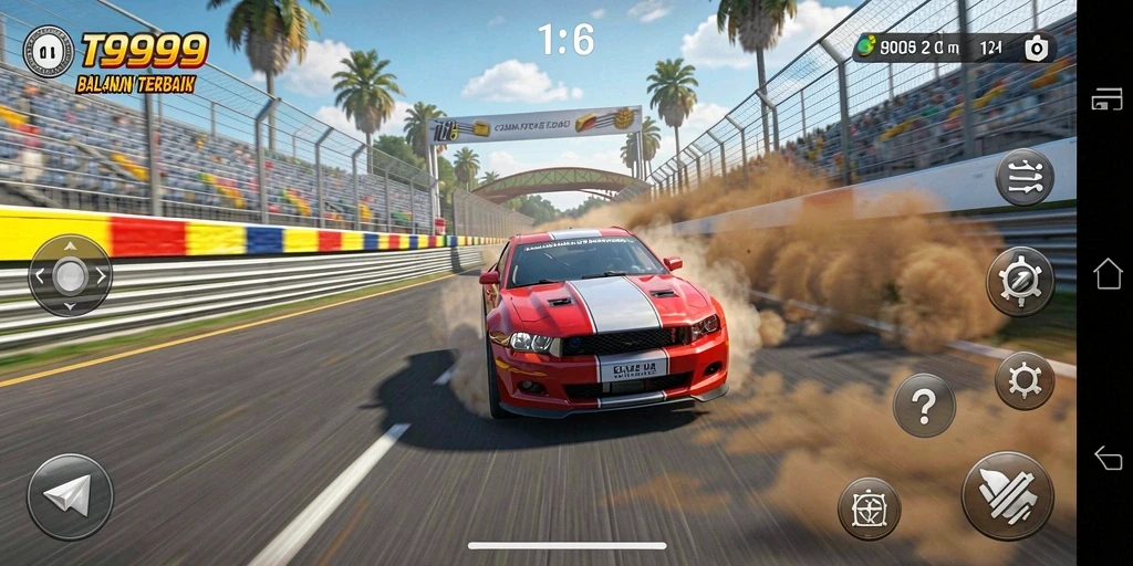 Tampilan gameplay seru dari T9999 saat balapan mobil di trek menantang.